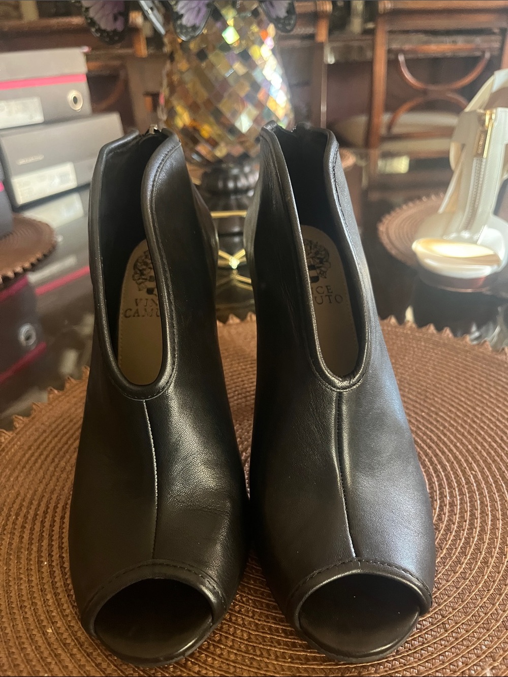 Vince Camuto Black Leather Peep-Toe Ankle Booties